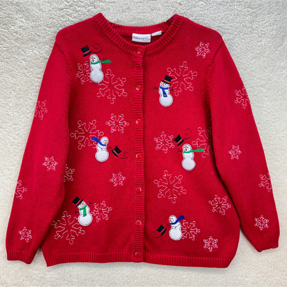 Croft & Barrow Sweaters - Croft & Barrow Ugly Christmas Cardigan Sweater Womens Red Snowman Button Up 90